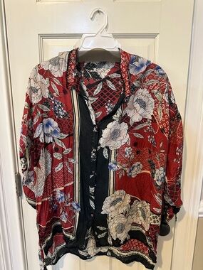 Johnny Was Red Floral Casual Button Down Shirt